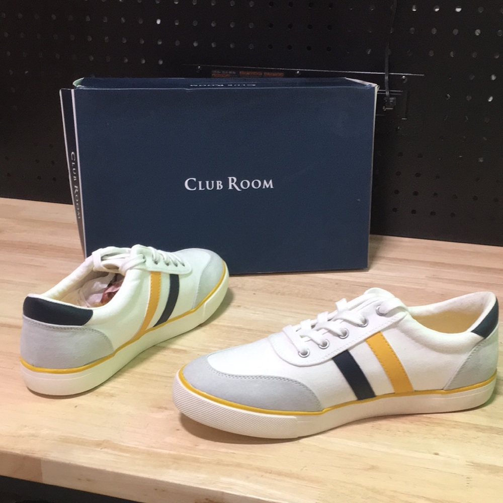 New WB Mens Club‎ Room Low-Top Sneakers in White with Yellow & Navy Stripes